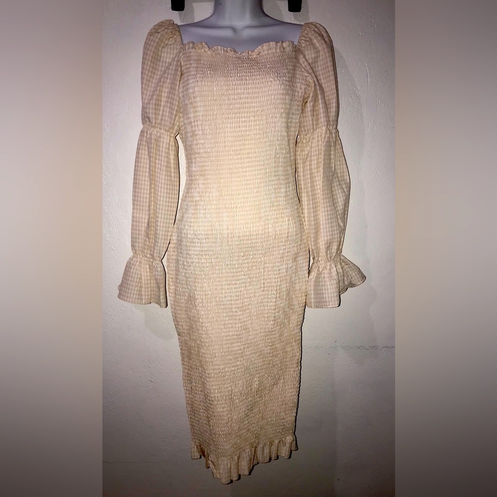 SNDYS (Size 6) Gingham Off-Shoulder Maternity Puff Sleeve Midi Dress, Cream